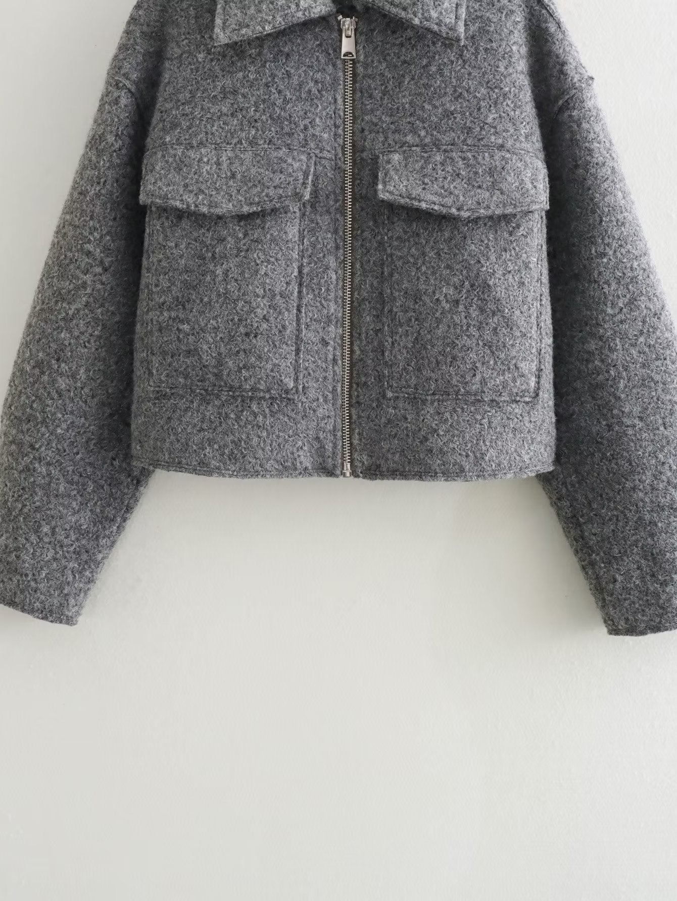 Autumn And Winter New Bead Leather Woolen Short Jacket Polo Collar Solid Color